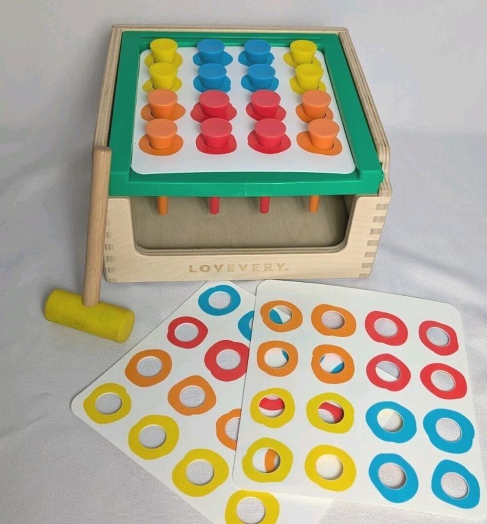 Lovevery Wooden Pounding Peg Toy Mallet Pattern Card Hammering Full Set Complete